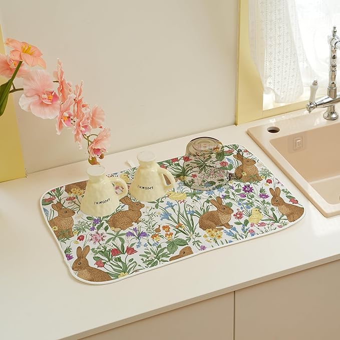 Spring Dish Drying Mat 18x24 Inches For Kitchen Counter Absorbent Brown Rabbit Floral Kitchen Easter Bunny Flower Drying Mat Pad For Home Kitchen,Dining Room,Office Decoration