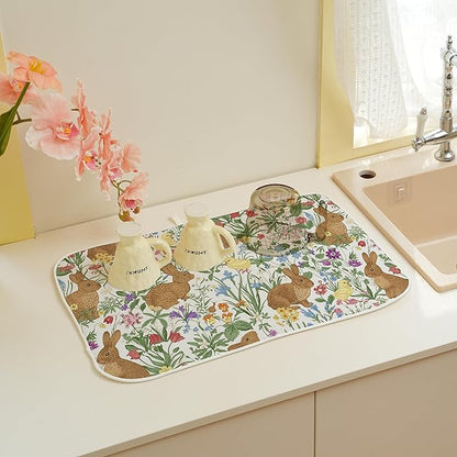 Spring Dish Drying Mat 18x24 Inches For Kitchen Counter Absorbent Brown Rabbit Floral Kitchen Easter Bunny Flower Drying Mat Pad For Home Kitchen,Dining Room,Office Decoration