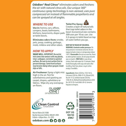 OdoBan Aroma Eliminator, 360-Degree Continuous Spray Natural Oil Real Citrus Air Freshener, Toilet Spray, 4-Pack, 10 Ounces Each, Orange Scent