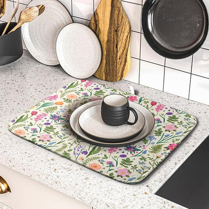 Spring Floral Dish Drying Mat for Kitchen Counter 16x18 Pink Sage Green Flower Vintage Botanical Print Absorbent Reversible Microfiber Drying Mats Kitchen Countertop Protector Dishes Drainer Rack Pad