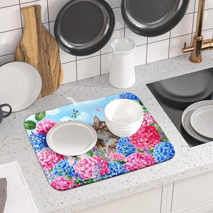 Hydrangea Floral Dish Drying Mat Cute Cat Microfiber Absorbent Dish Drying Pad for Kitchen Counter 16 X 18