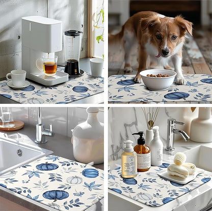 Fall Dish Drying Mat Blue Pumpkin Maple Leaves Drying Mats for Kitchen Counter 18x24 Inch Autumn Thanksgiving Absorbent Microfiber Dish Draining Mat Dishes Pad with Hanging Loop