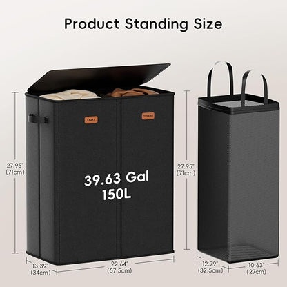 150L Double Laundry Hamper With Lid, Large Clothes Hampers with Removable Bag, Laundry Hamper 2 Section for Bathroom, Bedroom, Laundry Room, Dorm, Black