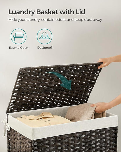 SONGMICS Storage Basket with Lid, Woven Blanket Storage Bin with Handles, Foldable, Removable Liner, Metal Frame, for Bedroom, Laundry Room, 27.7 Gallons (105 L), Brown URST066K01