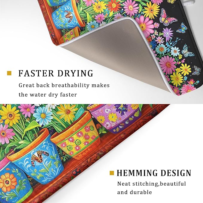 Vintage Flowers Dish Drying Mats Spring Floral Drying Matt Kitchen Counter 18x24