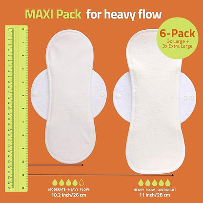 Organic Cotton, High Absorbency Reusable Period Pads for Heavy Flow (6 Pack L+XL) - Leak Proof & Odor Free Cloth Pads for Women - High-Temp Washable, Breathable & Skin-Safe for Menstrual Comfort