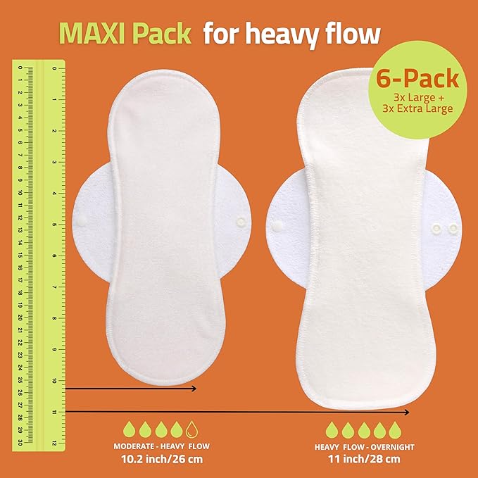Organic Cotton, High Absorbency Reusable Period Pads for Heavy Flow (6 Pack L+XL) - Leak Proof & Odor Free Cloth Pads for Women - High-Temp Washable, Breathable & Skin-Safe for Menstrual Comfort
