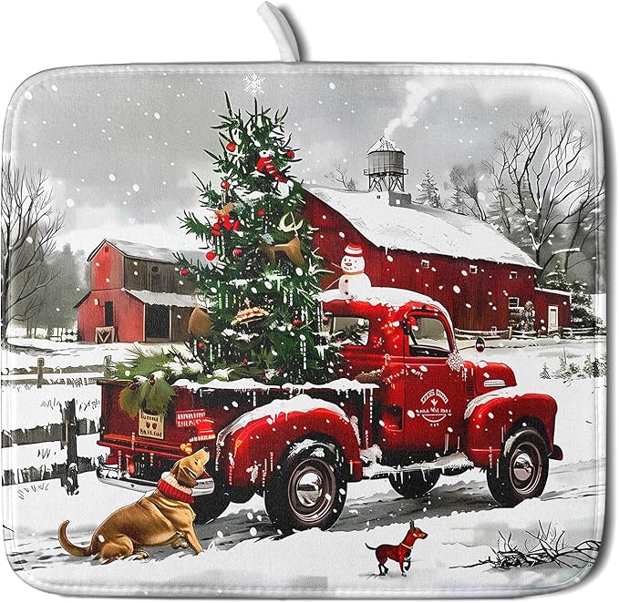 Christmas Red Truck Dish Drying Mat for Kitchen Counter 16x18 Inch Xmas Tree Snowman Dog Winter Print Absorbent Reversible Microfiber Drying Mats Kitchen Countertop Protector Dishes Drainer Rack Pad