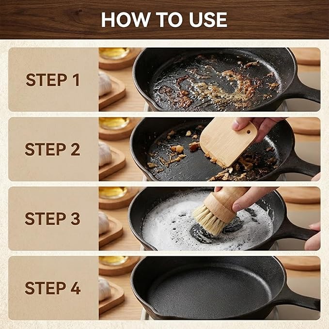 2 Pack Bamboo Dish Scrub Brush with Bamboo Pan Scraper Pot Scraper Non-Scratch Dish Scrapers Kitchen Cleaning Tools for Cast Iron Skillets, Cookware, Dishes, Pans Bowls, Plates and Pots