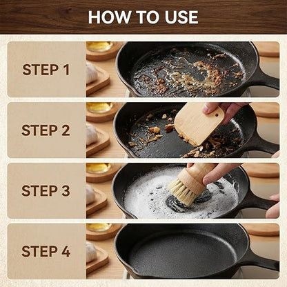 2 Pack Bamboo Dish Scrub Brush with Bamboo Pan Scraper Pot Scraper Non-Scratch Dish Scrapers Kitchen Cleaning Tools for Cast Iron Skillets, Cookware, Dishes, Pans Bowls, Plates and Pots