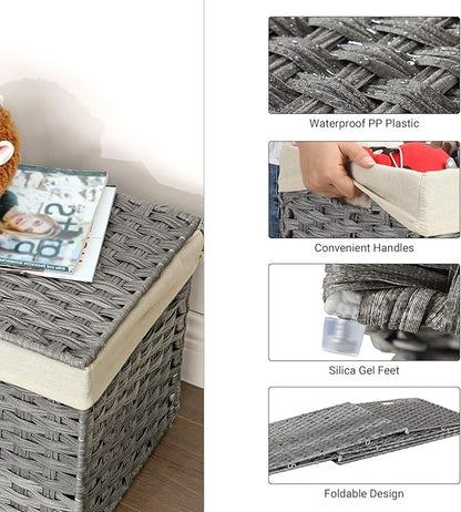 SONGMICS Storage Basket with Lid, Woven Blanket Storage Bin with Handles, Foldable, Removable Liner, Metal Frame, for Bedroom, Laundry Room, 17.2 Gallons (65 L), Gray URST56WG