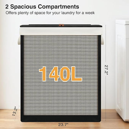 STO STO Double Laundry Hamper with Lid, 140L Large 2 Section Laundry Sorter, Laundry Basket with Removable Washable Canvas Liner Bag, Breathable Clothes Hamper for Bedroom Bathroom Laundry Room Closet