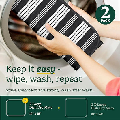 Cuisinart Dish Drying Mats for Kitchen Counter - (2) 16" x 18" Ultra Absorbent Kitchen Dish Drying Mat - Mesh Backing, Foldable, Machine Washable, Fast Drying Dish Mat (Solid Stripes)
