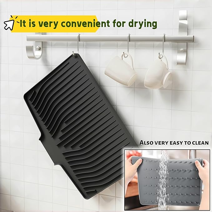 CIEO Silicone Dish Drying Mat for Kitchen Counter, Slope Fast Self-Draining, Non-Slip Drain Pad, Easy Clean Countertop Protection Mat, Multiple Use for Dishes Drying Rack（19"x 14",Gray）