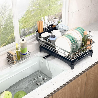 Dish Drying Rack, 304 Stainless Steel Dish Racks for Kitchen Counter with Cutlery Holder & Sponge Holder, Large Dish Drainer with Removable Drainboard, 11.8''W x 16.7''L (Stainless Steel)
