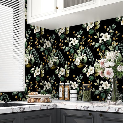 Black Floral Wallpaper Peel and Stick, Vintage Dark Green Leaves with White Flower Pattern Self Adhesive Wall Paper for Bedroom Cabinet Cubicle, Waterproof Classic Contact Paper 17.5In x 118In