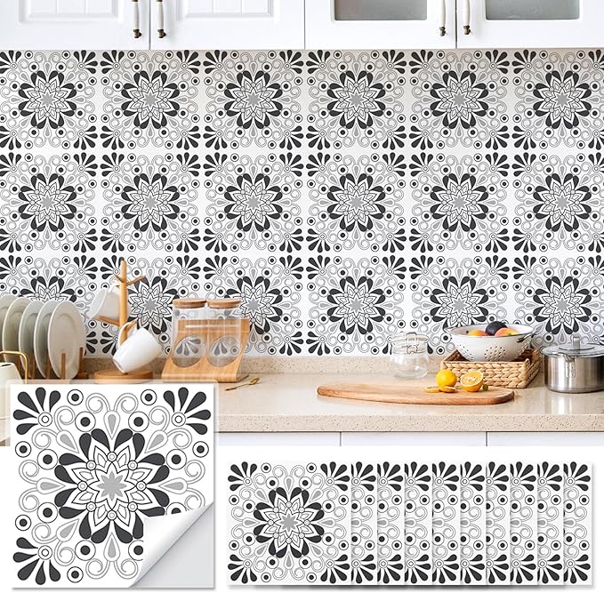 AM AMAONM 10pcs 20x20cm Removable Square Vintage Floral Pattern Tile Stickers 3D Decorative Peel and Stick Vinyl Self Adhesive Wall Tiles Decor Decals for Kitchen Backsplash Bathroom Furniture (B)