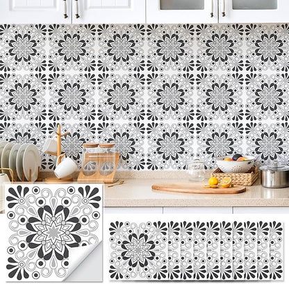 AM AMAONM 10pcs 20x20cm Removable Square Vintage Floral Pattern Tile Stickers 3D Decorative Peel and Stick Vinyl Self Adhesive Wall Tiles Decor Decals for Kitchen Backsplash Bathroom Furniture (B)