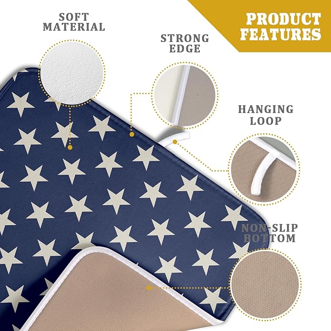 Patriotic July of 4th Blue Star Dish Drying Mat for Kitchen Counter 16x18 Memorial Independence Day Absorbent Reversible Microfiber Drying Mats Kitchen Countertop Protector Dishes Drainer Pad