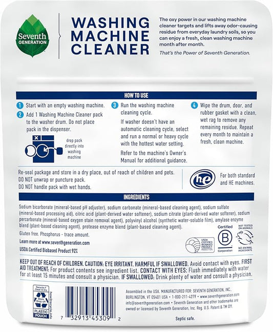 Seventh Generation Washing Machine Cleaner 6 Count Free & Clear Targets Odor-Causing Residue Powered by Oxy Power 4.2 oz
