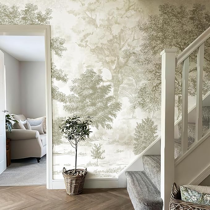 Zeeko Vintage Forest Wall Murals Peel and Stick 148" W x 98" H Beige Tree Wallpaper Self-Adhesive Large Nature Landscapes Murals Canvas Wall Decor for Bedroom Bathroom