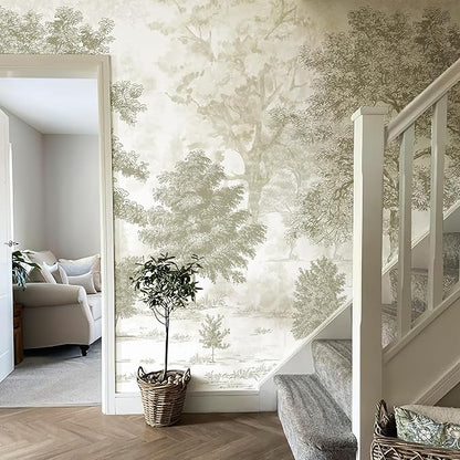 Zeeko Vintage Forest Wall Murals Peel and Stick 148" W x 98" H Beige Tree Wallpaper Self-Adhesive Large Nature Landscapes Murals Canvas Wall Decor for Bedroom Bathroom