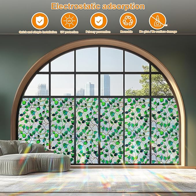 Rainbow Window Privacy Film,Heat Control,UV Blocking,Anti-Glare,Day & Night Privacy Protection & Decoration for Home, Bathroom,Glass Door,Static Cling,Renter-Friendly with Installation Tools