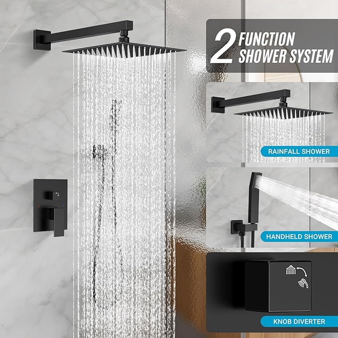 Shower Faucet set with Shower head, Wall Mount 10 Inch Square Rainfall Shower Head and Handle Set Single Handle Shower System Set with Female Threads Valve Body and Trim Included(Matte Black)