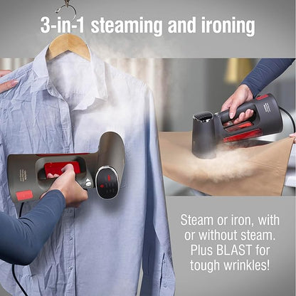 CHI Deluxe Digital 3-in-1 Handheld Garment Steamer & Steam Iron for Clothes, 220 ml Water Tank For up to 20 Minutes of Use, 9 Fabric Modes, Fast 30 Second Heat-Up, 8’ Retractable Cord, Black (11620)
