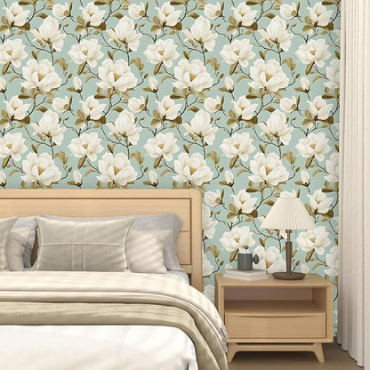Modern Green White Flowers Wallpaper Blue Floral Peel and Stick Contact Paper 17.5"X118" Vinyl Waterproof Self Adhesive Removable Boho Modern Botanical Wall Paper for Bedroom Walls Cabinet Locker