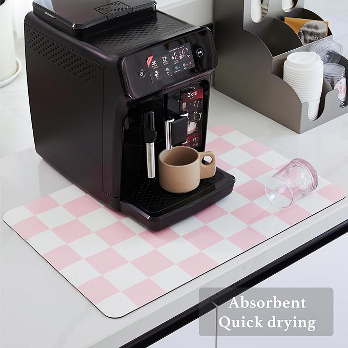Ohocut Checkered Dish Drying Mat for Kitchen Counter, Coffee Bar Station Accessories, Retro Cute Aesthetic Girly Women Modern Absorbent Drainer Mat Kitchen Drying Mat Easy Clean, Pink 16" x 24"