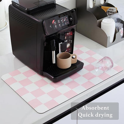 Ohocut Checkered Dish Drying Mat for Kitchen Counter, Coffee Bar Station Accessories, Retro Cute Aesthetic Girly Women Modern Absorbent Drainer Mat Kitchen Drying Mat Easy Clean, Pink 16" x 24"