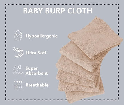 8 Pack Burp Cloths for Baby - 20'' by 10'' Ultra Absorbent Coral Fleece Burping Cloths, Newborn Towel - Milk Spit Up Rags - Brown, 8 Piece Set