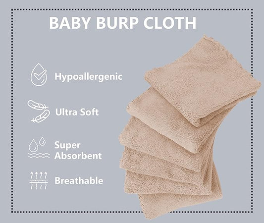 8 Pack Burp Cloths for Baby - 20'' by 10'' Ultra Absorbent Coral Fleece Burping Cloths, Newborn Towel - Milk Spit Up Rags - Brown, 8 Piece Set