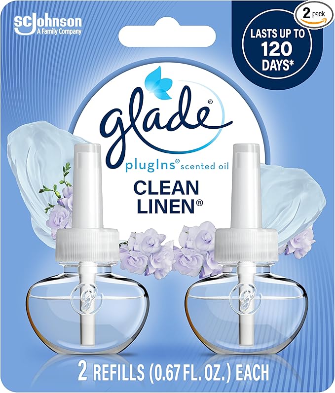 Glade PlugIns Refills Air Freshener, Scented and Essential Oils for Home and Bathroom, Clean Linen, 1.34 Fl Oz, 2 Count