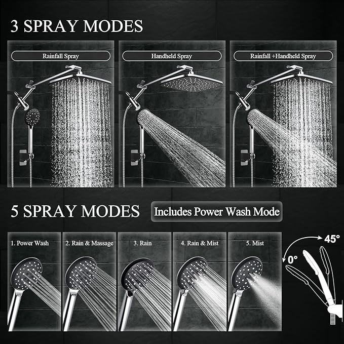 Veken 14" Wide Rain Shower Head with Handheld, High Pressure Handheld Shower Heads with Multi Spray Modes, Rainfall Combo with Metal Extension Arm,Detachable Dual Shower, Extra Long Hose,Silver Chrome