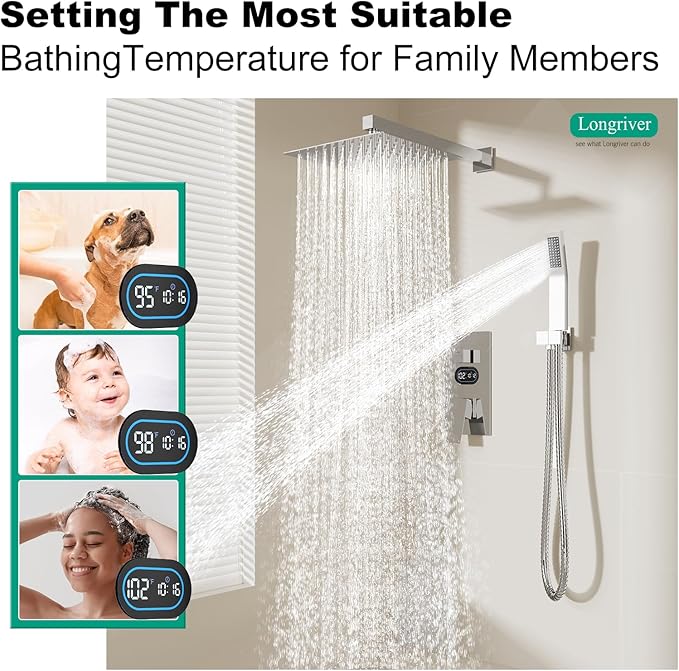 Shower Faucet Set with Hydro Power Temperature Display, Shower System Bathroom 10 Inches Shower Head with Handheld Spray, Wall Mounted Shower Fixtures with Shower Valve and Trim Kit, Polished Chrome