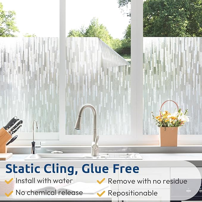 rabbitgoo Window Privacy Film, No Glue Frosted Glass Film, Static Cling UV Blocking Non Adhesive Reusable Heat Control Window Vinyl Clings for Home, Office, Frosted Silk, 35.4 x 118.1 Inches