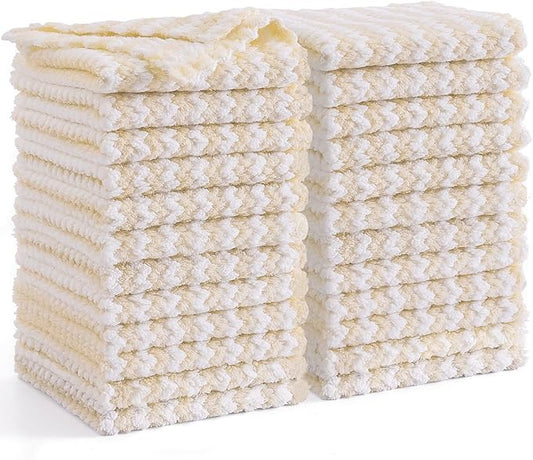 Homaxy 24 Pack Kitchen Dish Cloths, Ultra Soft and Absorbent Dish Towels, Reusable Fast Drying Microfiber Cleaning Cloth, Coral Velvet Wave Design No-lint, 10 x 10 inches, Beige