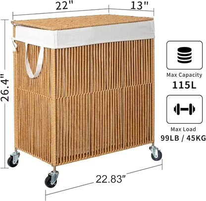 WOWLIVE Laundry Hamper with Wheels, Handwoven Rolling Laundry Basket with Lid, Clothes Hamper with Divided Removable Liner Bag, 115L Large Capacity Laundry Sorter Laundry Room Organization, Natural