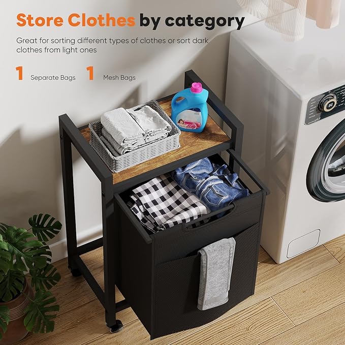 Laundry Sorter, 18.3Gal (69L) Capacity Rolling Laundry Basket with Pull-Out Removable Bags & Movable Wheels,Clothes Separator Hamper Cart for Laundry Room, Bathroom and Bedroom Organizer