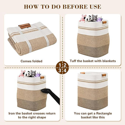 Laundry Hamper, 85L Tall Laundry Basket with Leather Handles, Rectangle Large Clothes Hamper for Organizing, Cotton Woven Laundry Baskets Storage Hampers for Bedroom, Nursery, Living Room