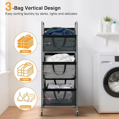 STO STO 3-Tier Vertical Rolling Laundry Hamper with Removable Bags, 120L Stackable Laundry Sorter Basket, Clothes Hamper with Wheels for Small Spaces, Closet, Bedroom, Bathroom, Laundry Room, Black