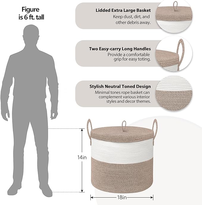 18" X18“ X 14" Large Storage Basket with Lid, Blanket Basket Living Room, Woven Cotton Rope Storage Box, Lidded Kids Dog Toy Bin, Wicker Laundry Basket, Blankets Pillows Organizer Holder
