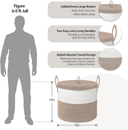 18" X18“ X 14" Large Storage Basket with Lid, Blanket Basket Living Room, Woven Cotton Rope Storage Box, Lidded Kids Dog Toy Bin, Wicker Laundry Basket, Blankets Pillows Organizer Holder