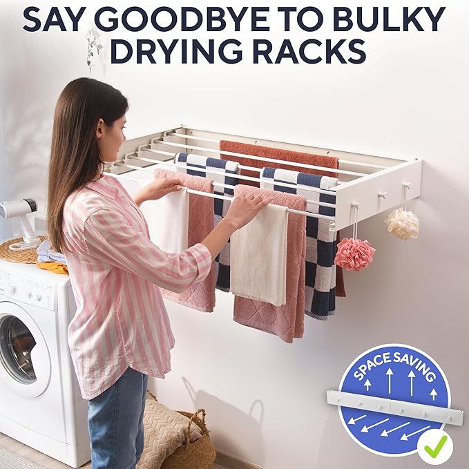 Delfori Foldable Wall Mounted Drying Rack 40 inch - Easy to Install Hanging Rack for Laundry Room - Space Saving Design with 66-lb Capacity - Perfect Drying Racks for Clothes Towels & More