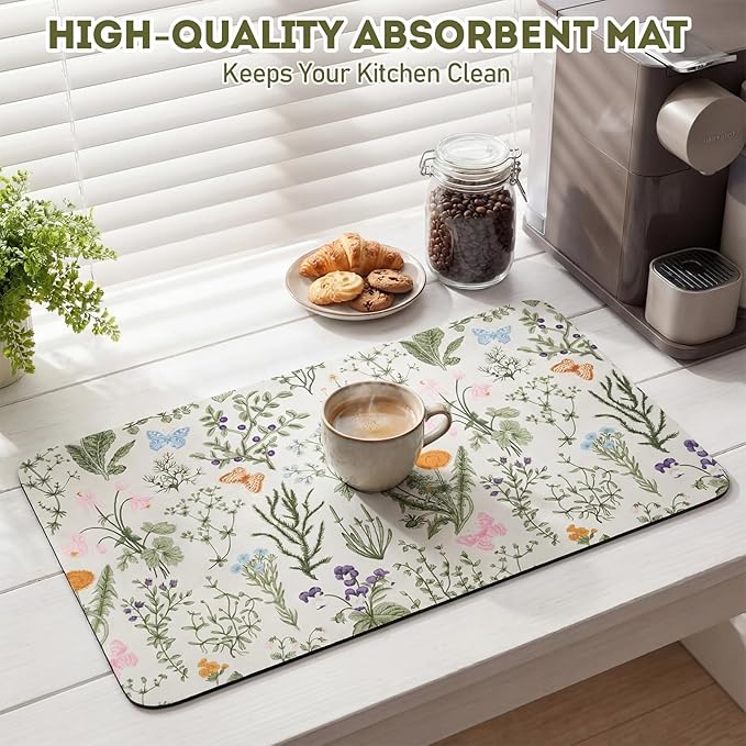 LemonRoad Dish Drying Mat for Kitchen Counter, 12"x20" Absorbent Coffee Bar Mat with Spring Floral Design, Fast-dry Diatomite Drainer Drying Mats with Non-slip Backing for Kitchen Sink Countertop