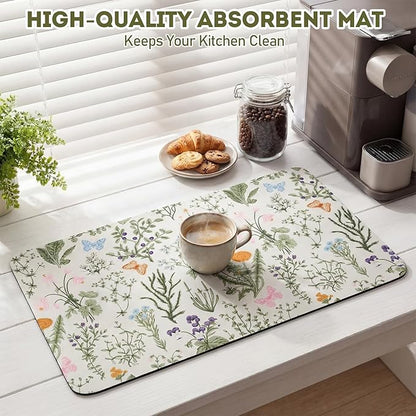 LemonRoad Dish Drying Mat for Kitchen Counter, 12"x20" Absorbent Coffee Bar Mat with Spring Floral Design, Fast-dry Diatomite Drainer Drying Mats with Non-slip Backing for Kitchen Sink Countertop
