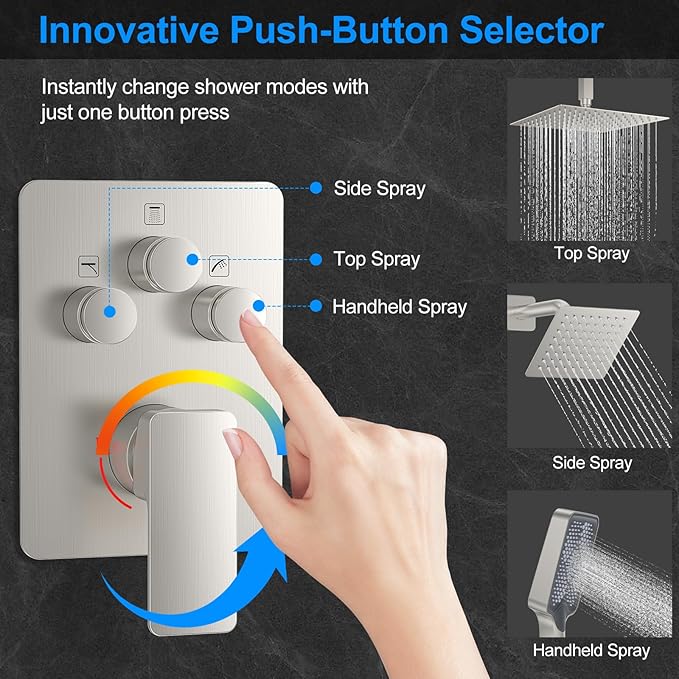 Shower Faucet Set,Brushed Nickel Push Button Shower System with Rain Shower and Handheld,Brushed Shower Faucet with Valve Ceiling Mount 12 Inch Shower Head and 6 Inch Shower Head with Handheld