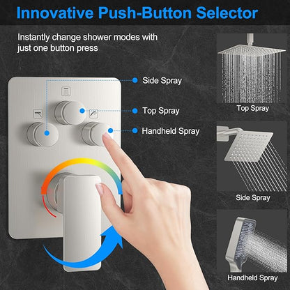 Shower Faucet Set,Brushed Nickel Push Button Shower System with Rain Shower and Handheld,Brushed Shower Faucet with Valve Ceiling Mount 12 Inch Shower Head and 6 Inch Shower Head with Handheld